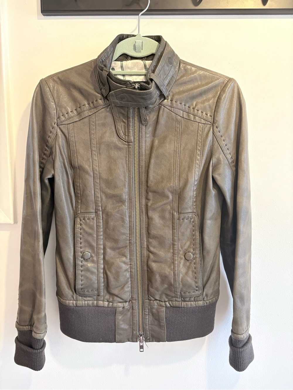 Mackage Taupe Leather Bomber Jacket with Stand Collar